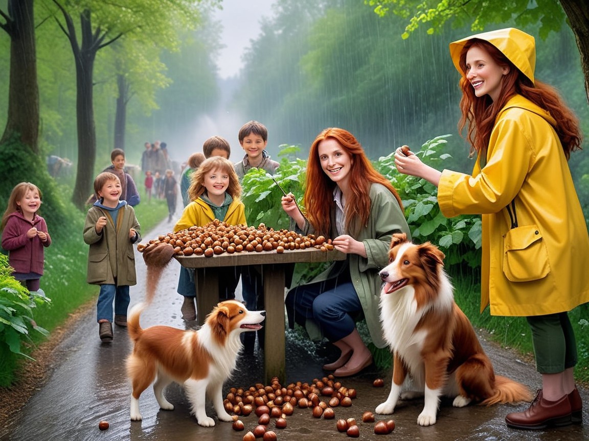 Children and Women Enjoy Chestnuts in Rainy Park