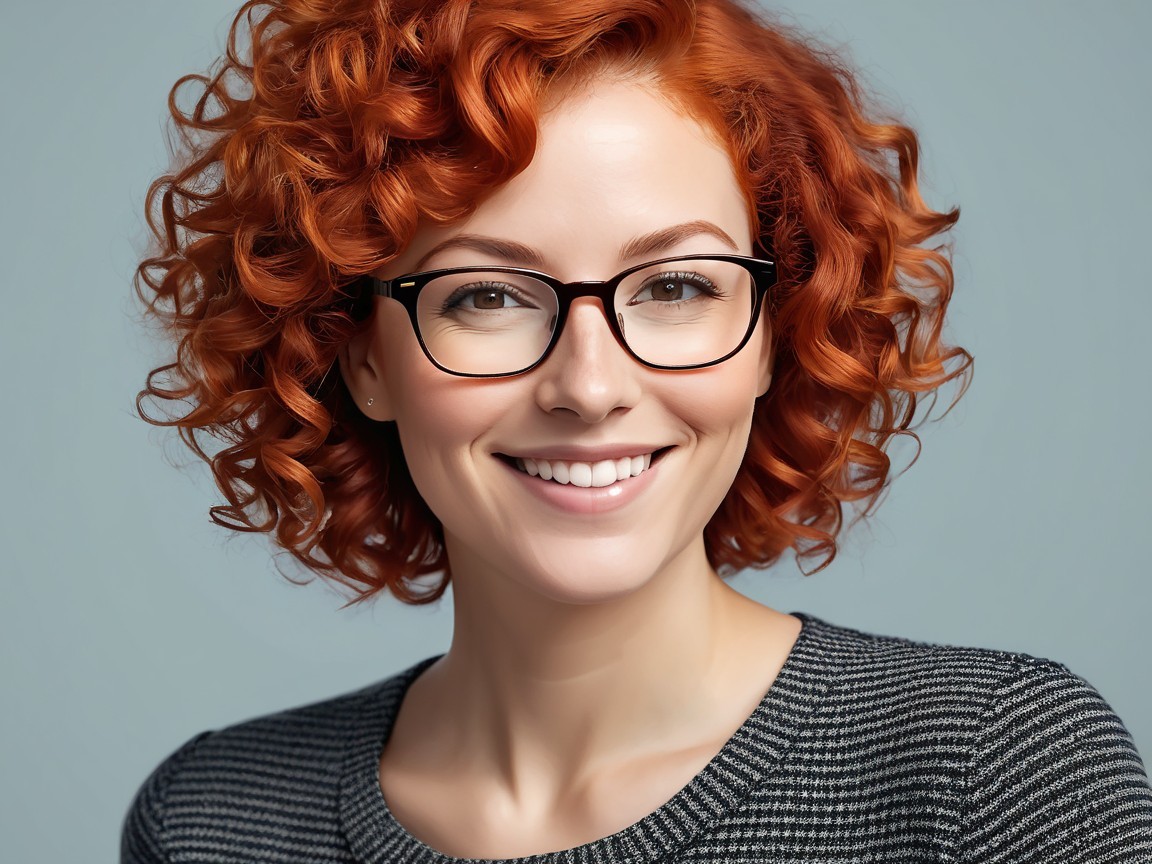 Smiling Woman with Curly Red Hair in Striped Sweater