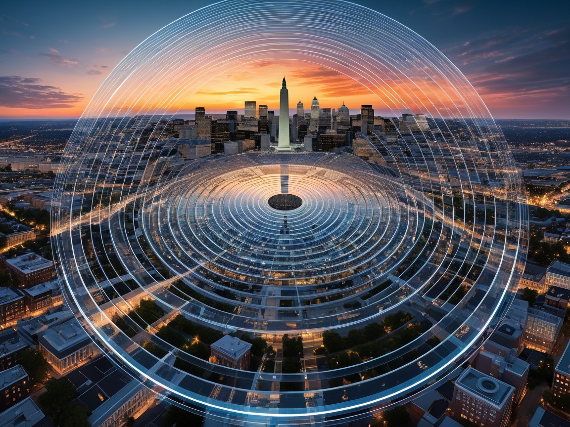 Vibrant City Skyline at Sunset with Digital Waves