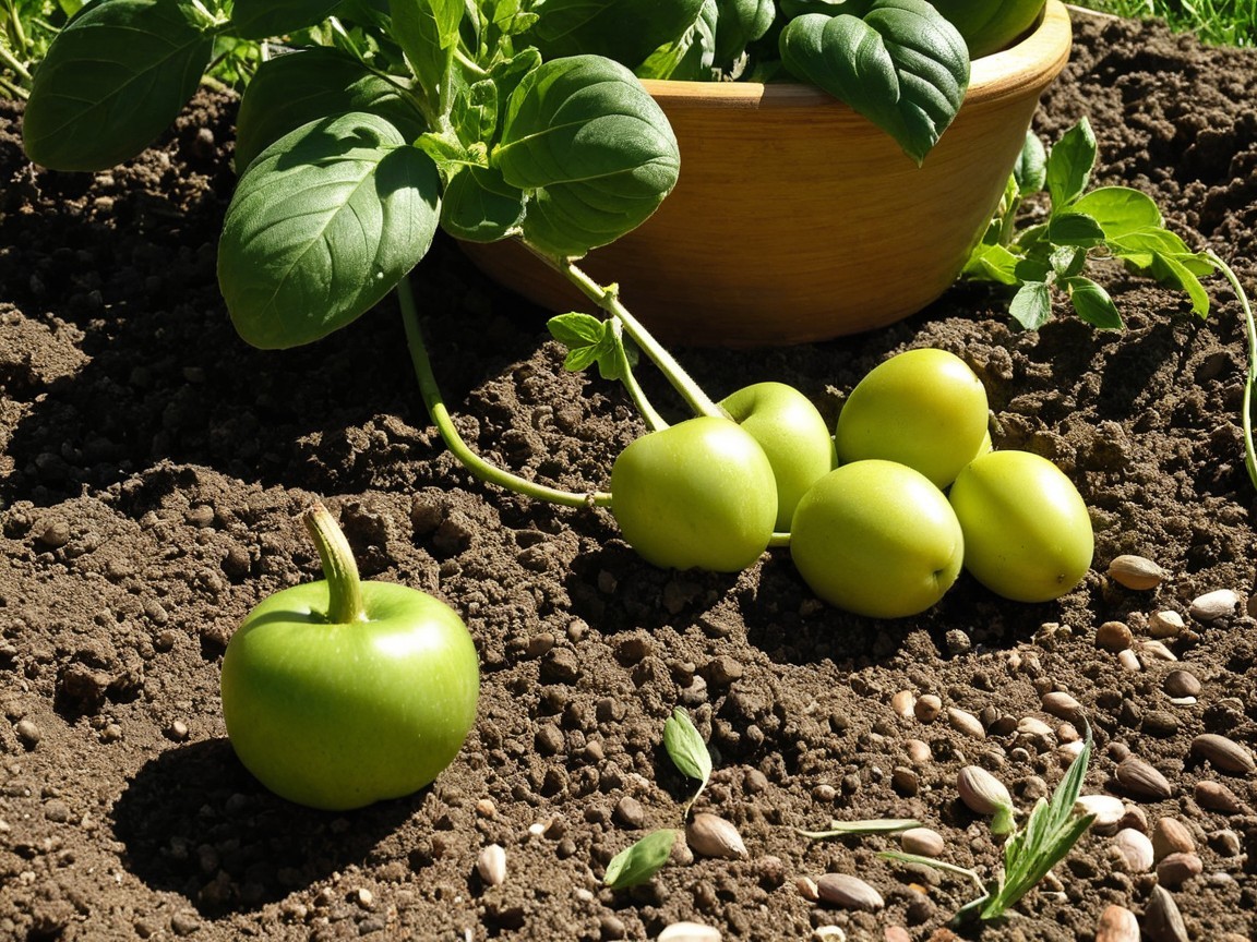 Fresh Green Apples on Brown Soil with Lush Leaves