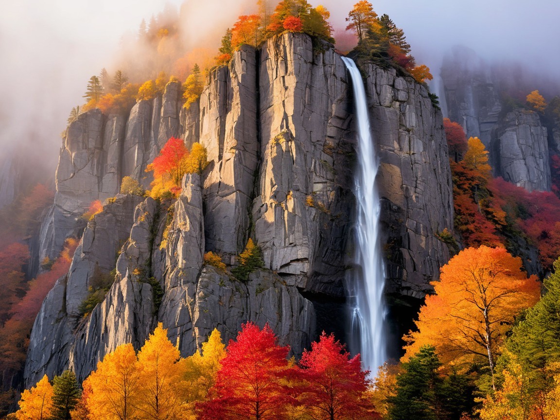 Majestic Waterfall Surrounded by Autumn Foliage