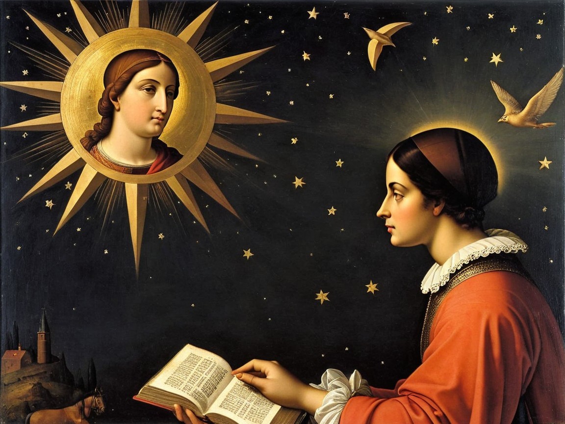 Serene Artwork of Woman with Celestial Figure and Dove