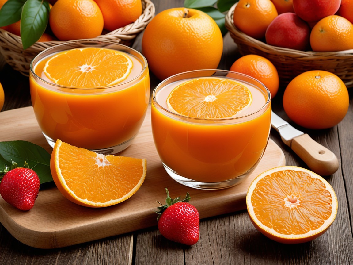 Vibrant Orange Juice with Fresh Fruit and Oranges