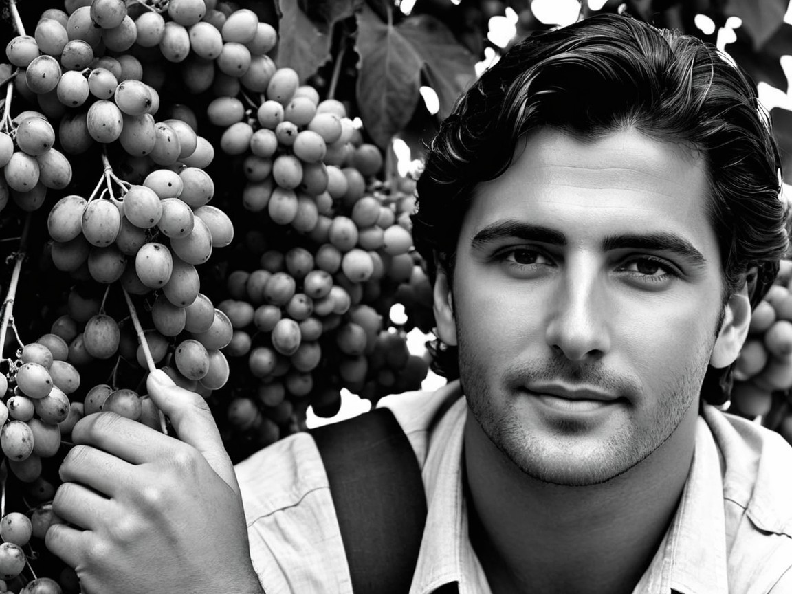 Young man with grapes in black and white portrait