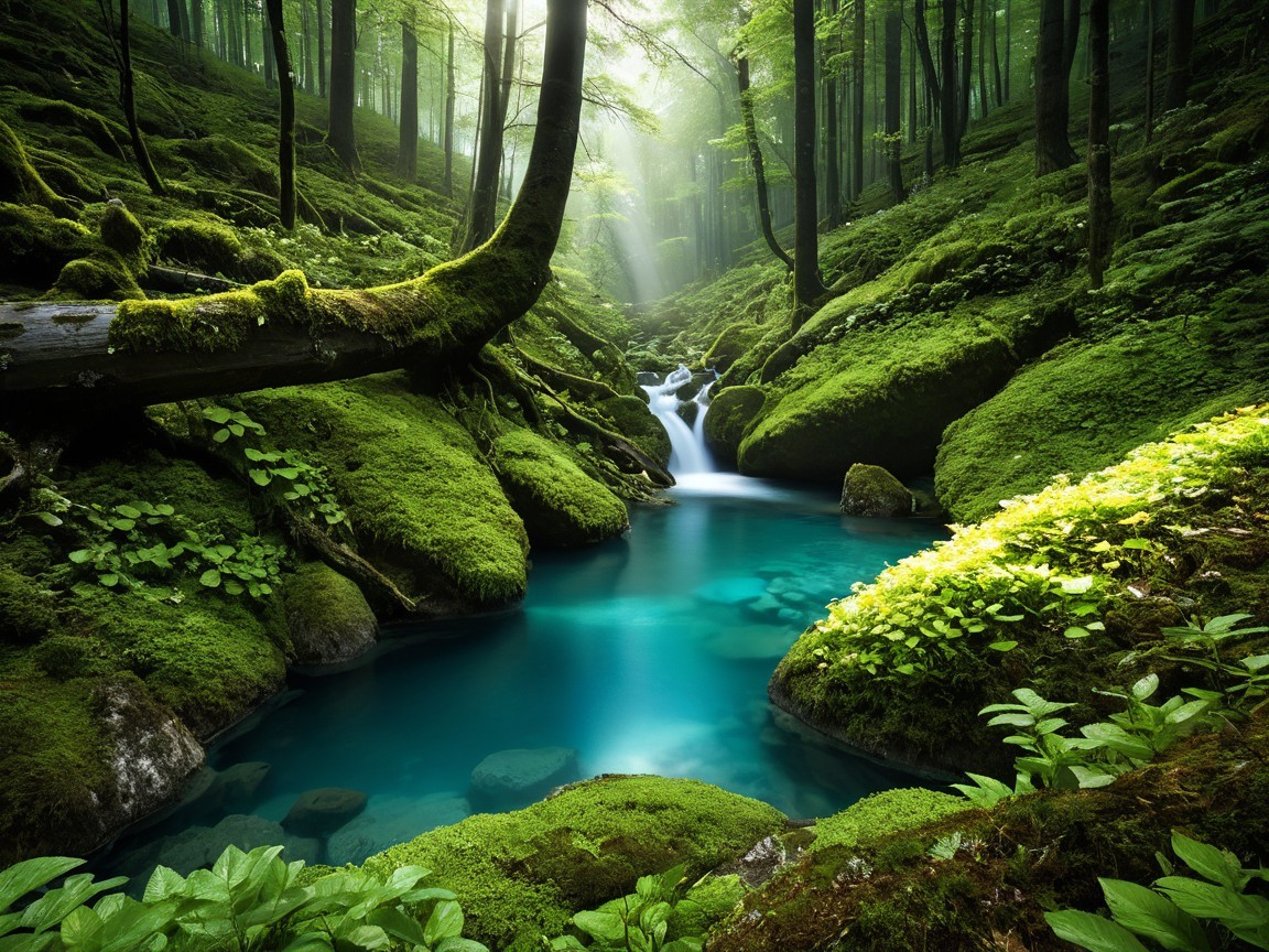 Serene Forest Glade with Blue Stream and Lush Foliage