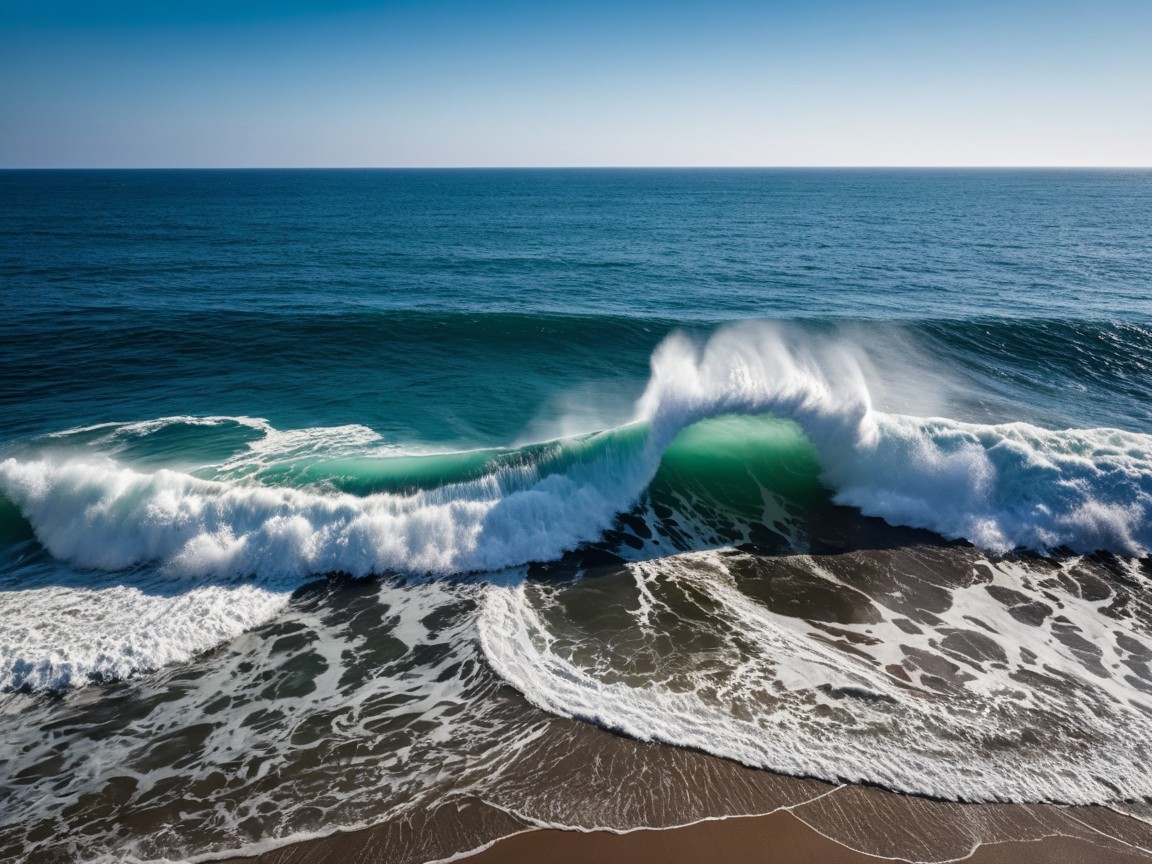 Ocean Wave Rolling Toward Sandy Beach Under Blue Sky