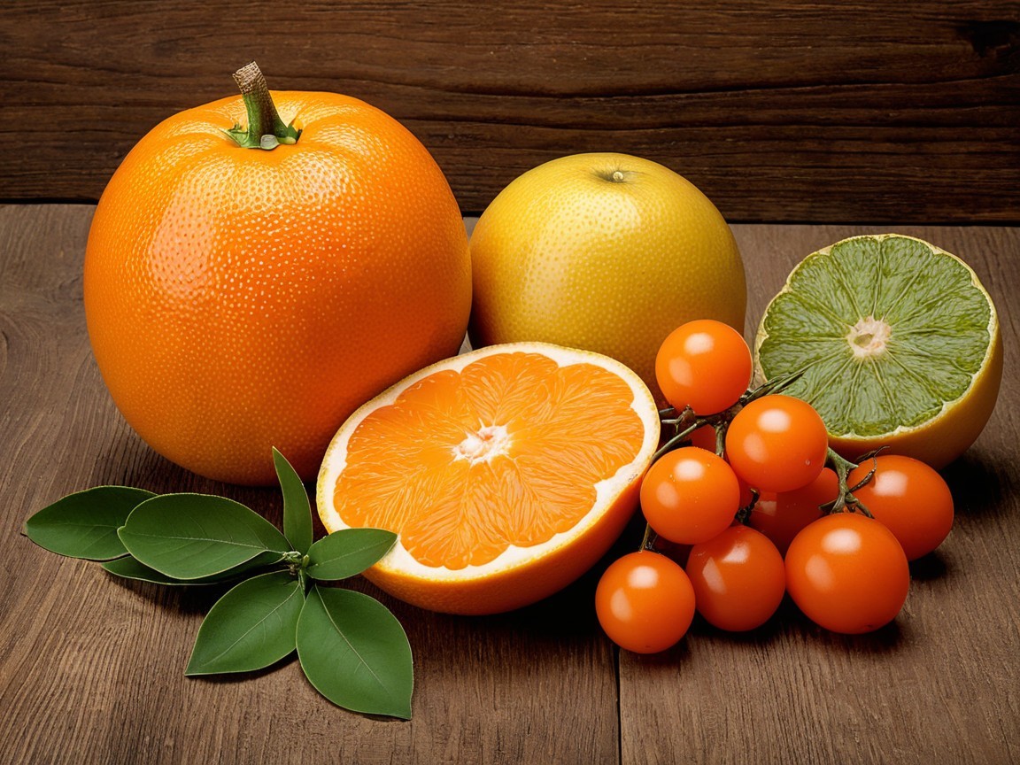 Vibrant Display of Citrus Fruits on Wooden Surface