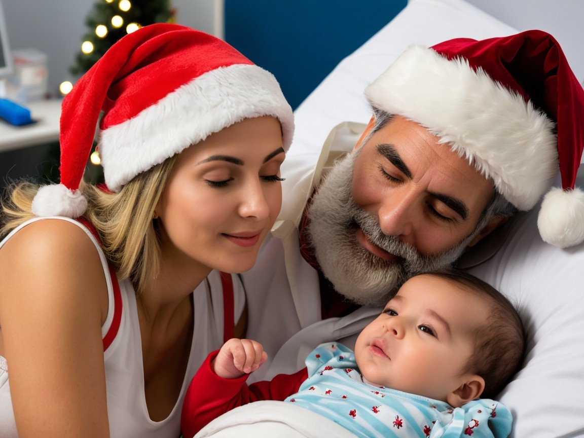 Indoor Shot of Two Adults and Baby in Bed