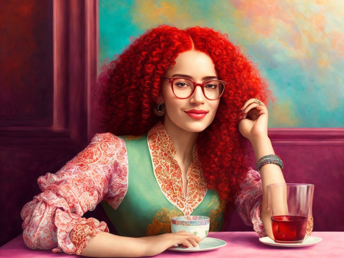 Young woman with red hair in cozy café setting