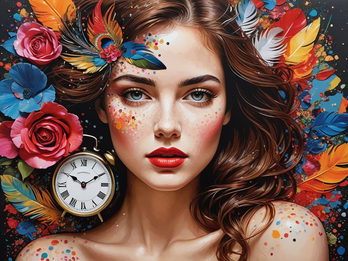 Portrait of a woman with vibrant feathers and flowers