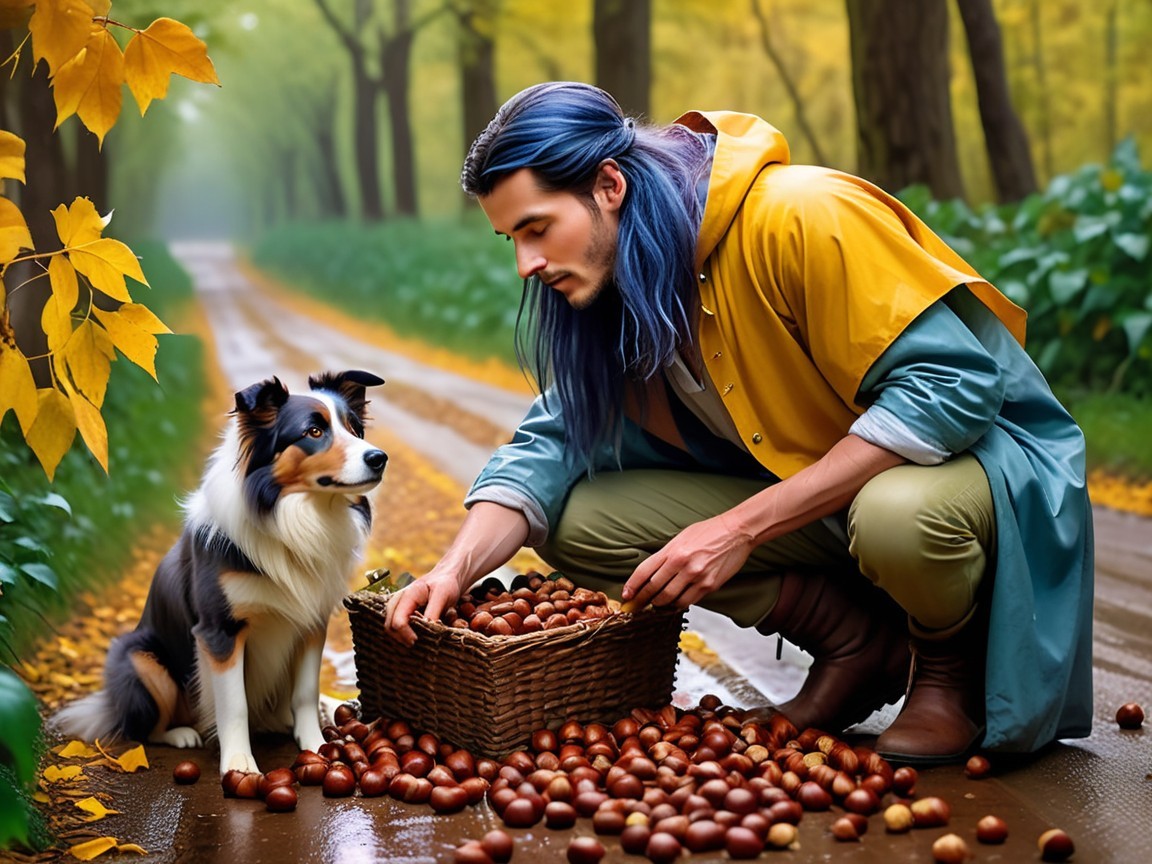 Young man in yellow raincoat gathering chestnuts outdoors