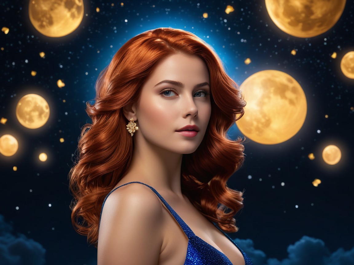 Woman with Red Hair in a Starry Night Setting