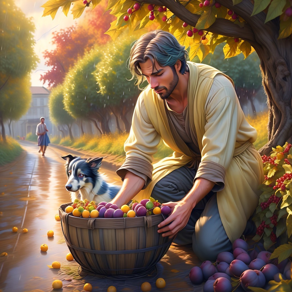 Man in Beige Robe Collects Plums in Autumn Landscape