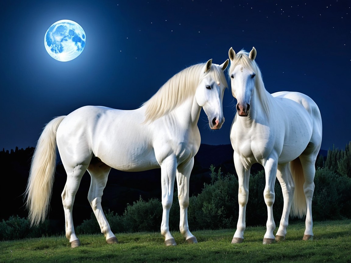 White Horses Under Full Moon in Starry Night Sky