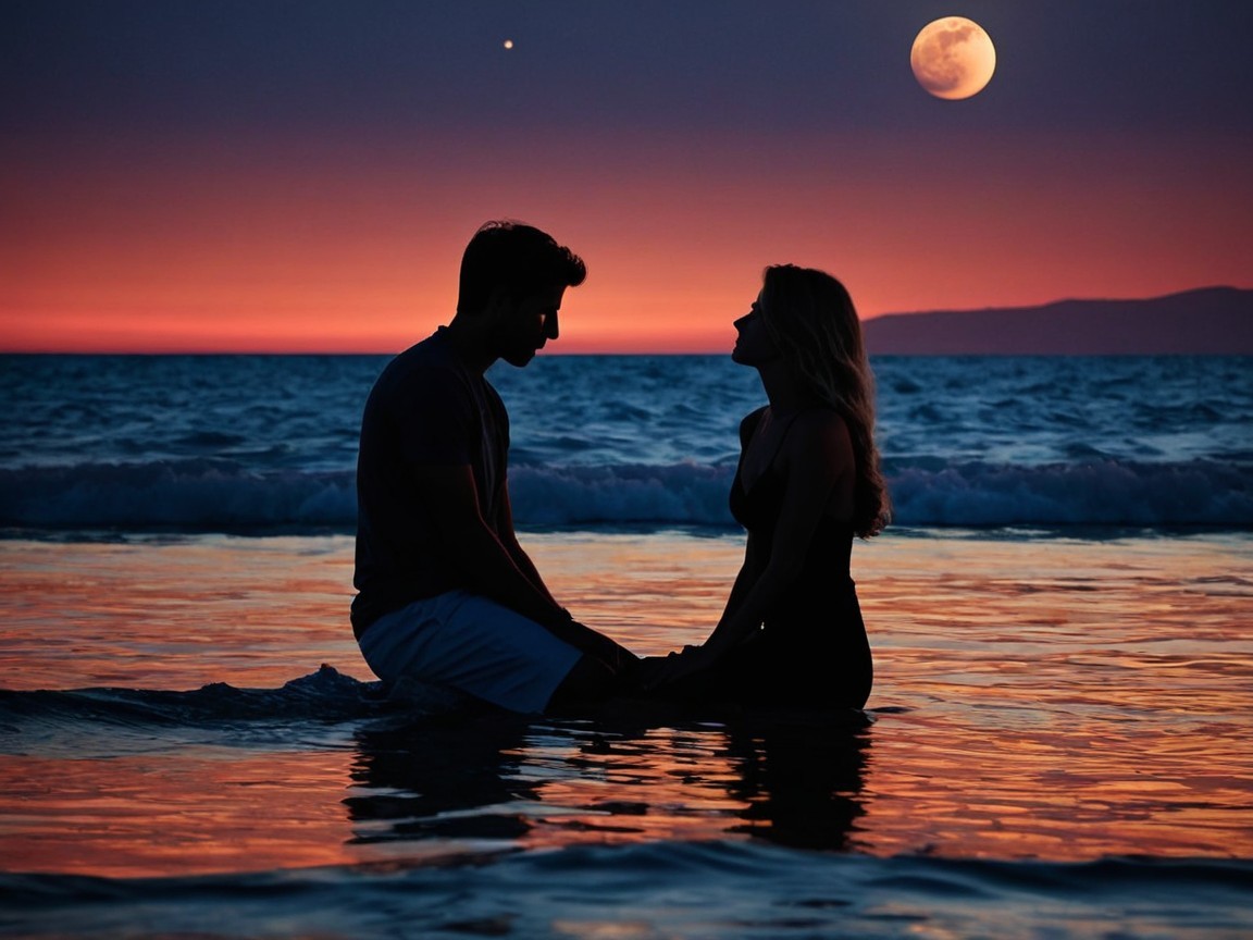 Couple Silhouettes in Shallow Water at Sunset