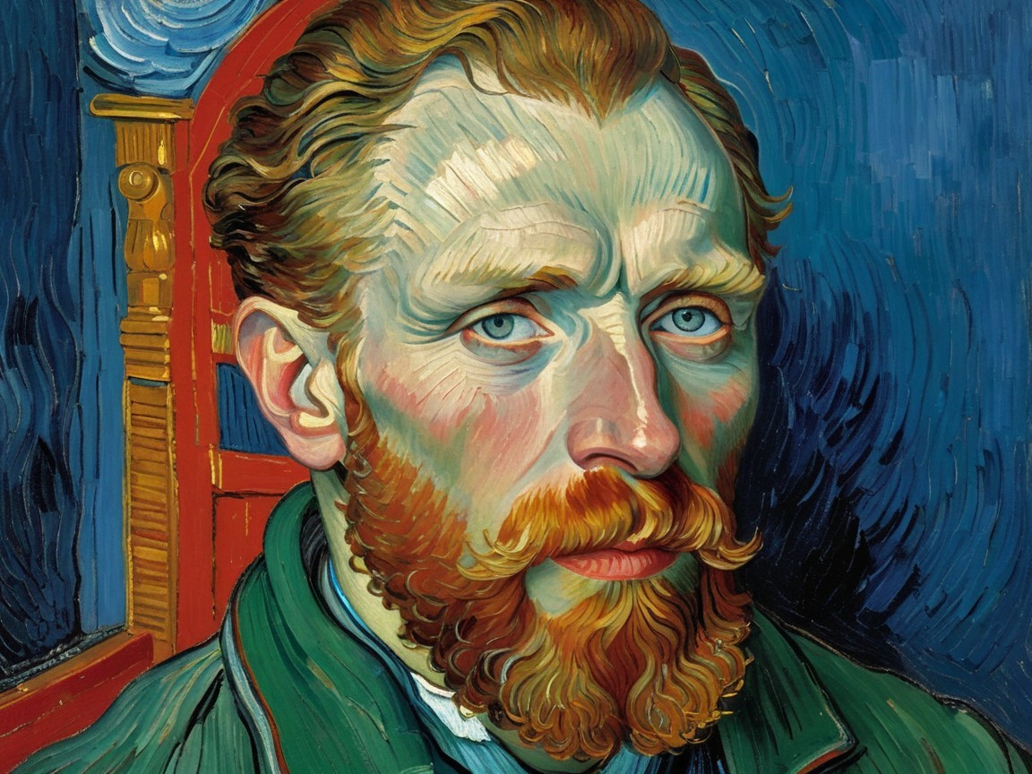 Vibrant Self-Portrait of a Man with Blue Eyes and Red Beard