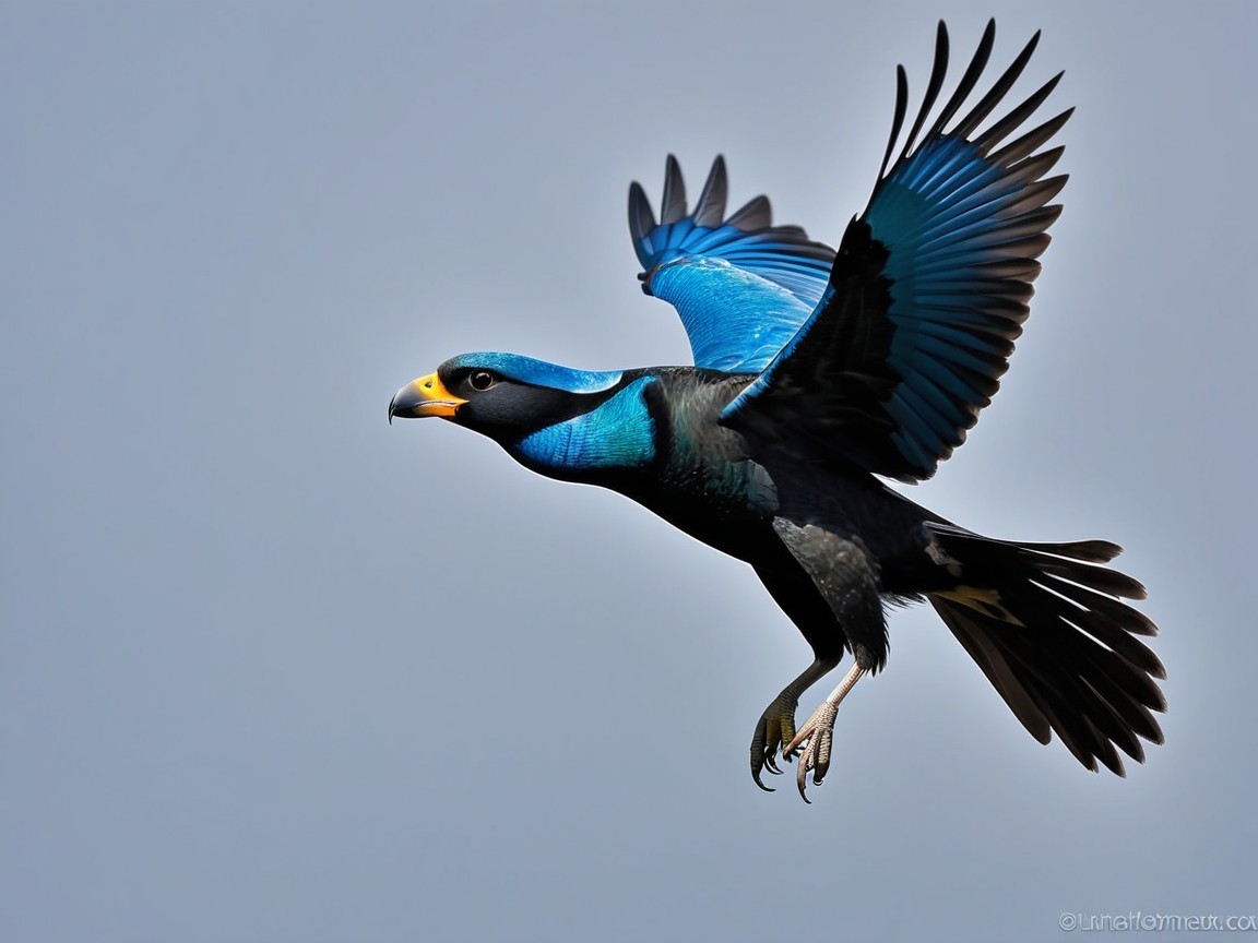 Vibrant Bird in Flight with Blue Wings and Black Body