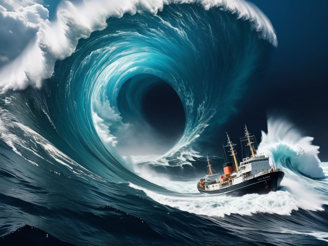 Colossal Wave Over Ship in Stormy Waters