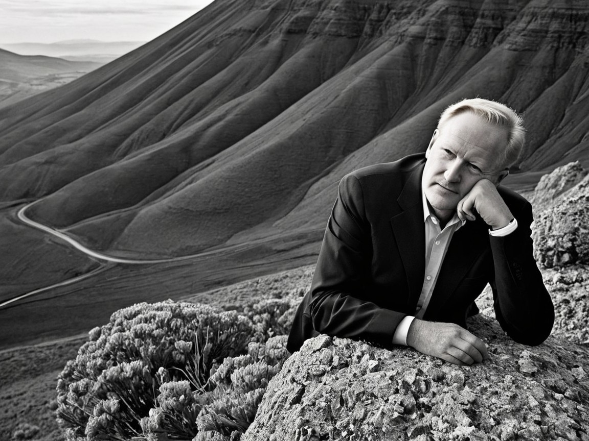 Contemplative Figure in Tailored Suit on Rocky Outcrop