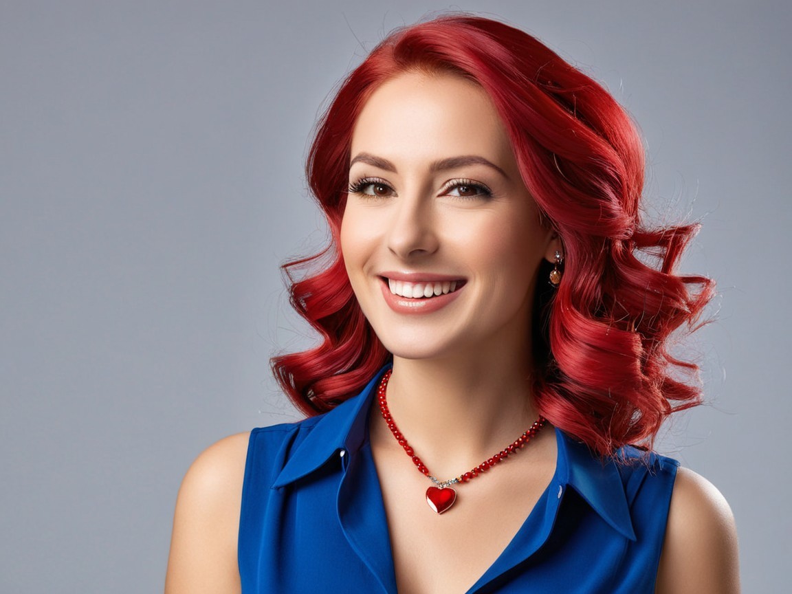 Woman with red curly hair in blue blouse and necklace