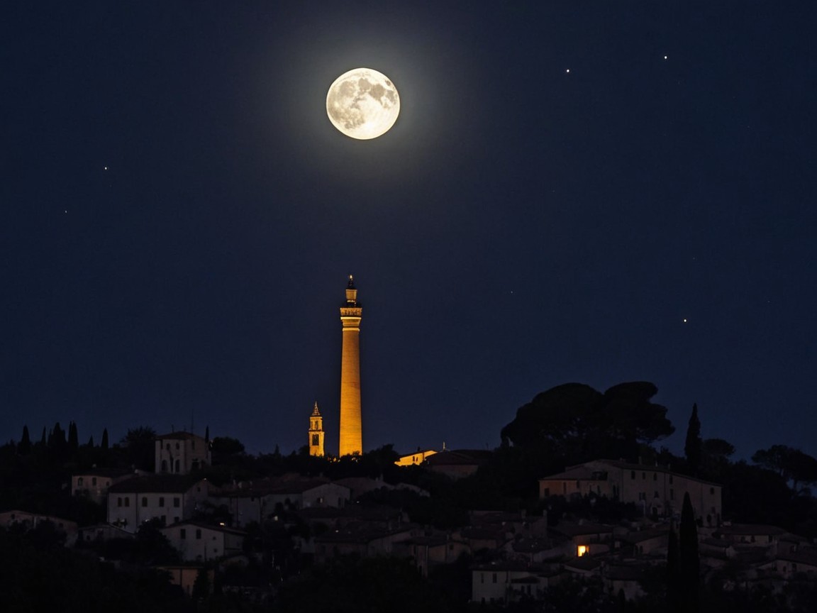 Full Moon Over Scenic Hillside Village at Night