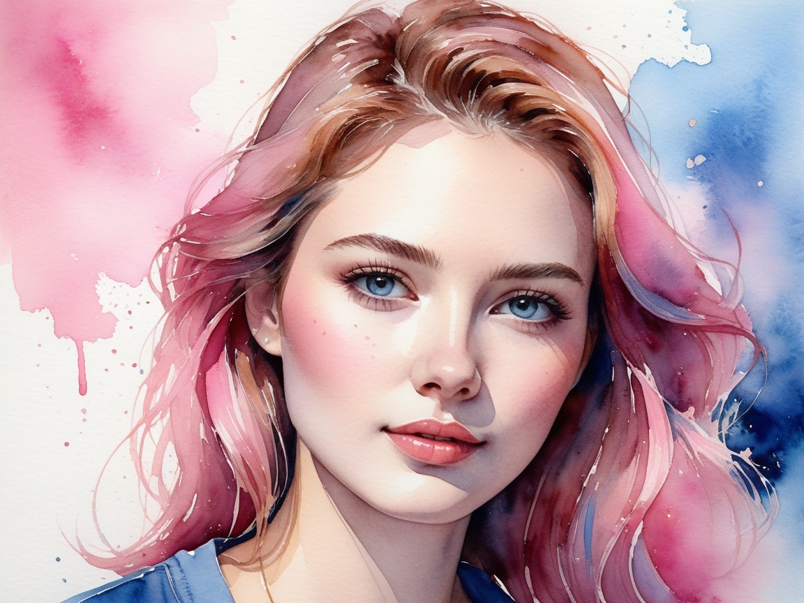 Watercolor Portrait of a Young Woman with Pink Hair