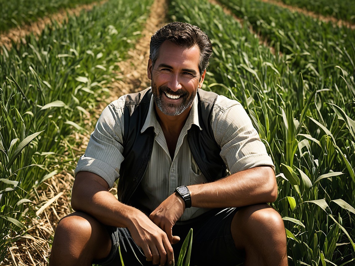 Smiling Man in Sunny Field of Lush Green Crops