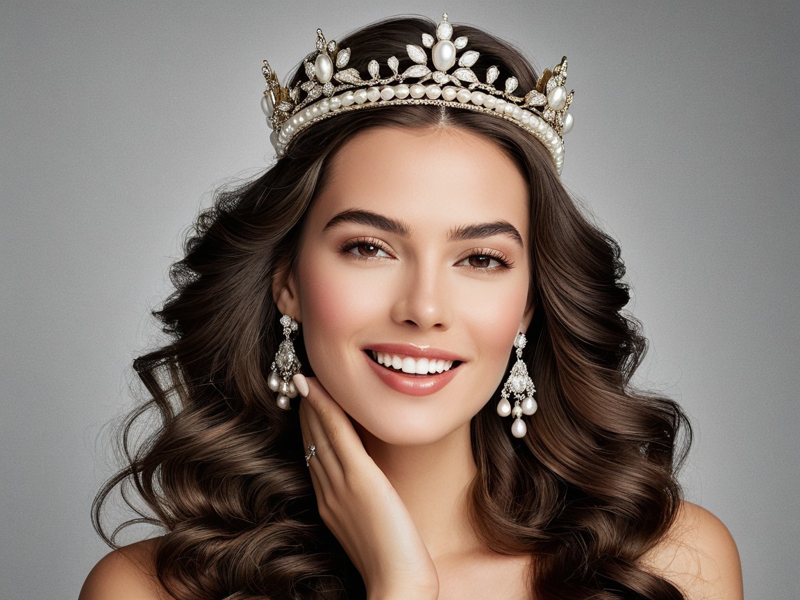 Young woman in elegant crown and pearl accessories