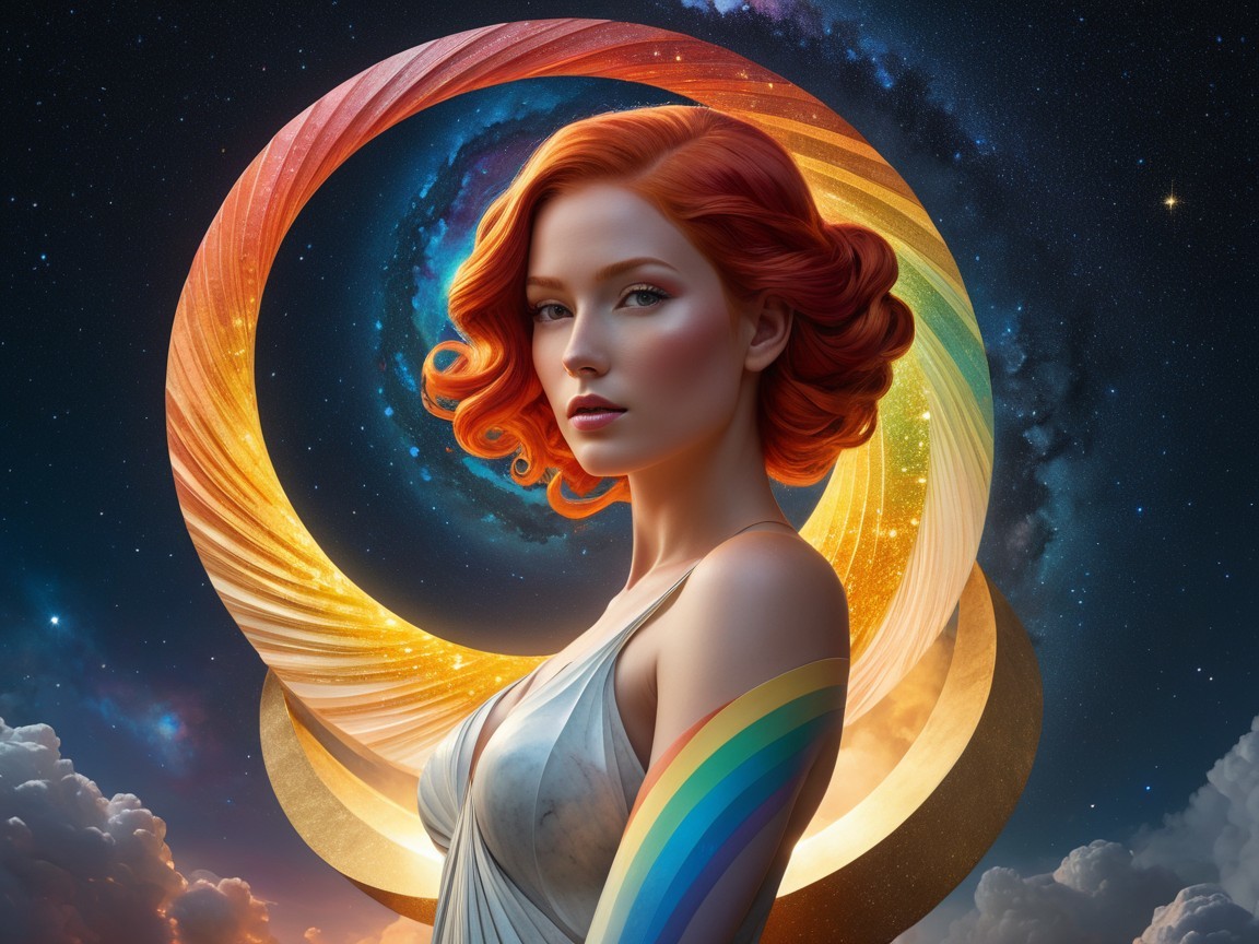 Portrait of a woman with red curly hair and galaxy backdrop