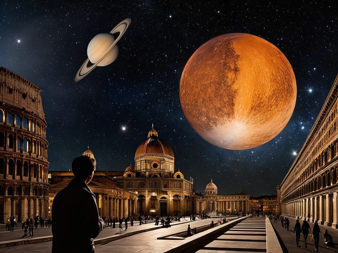 Surreal Night Sky with Planets over Ancient Architecture