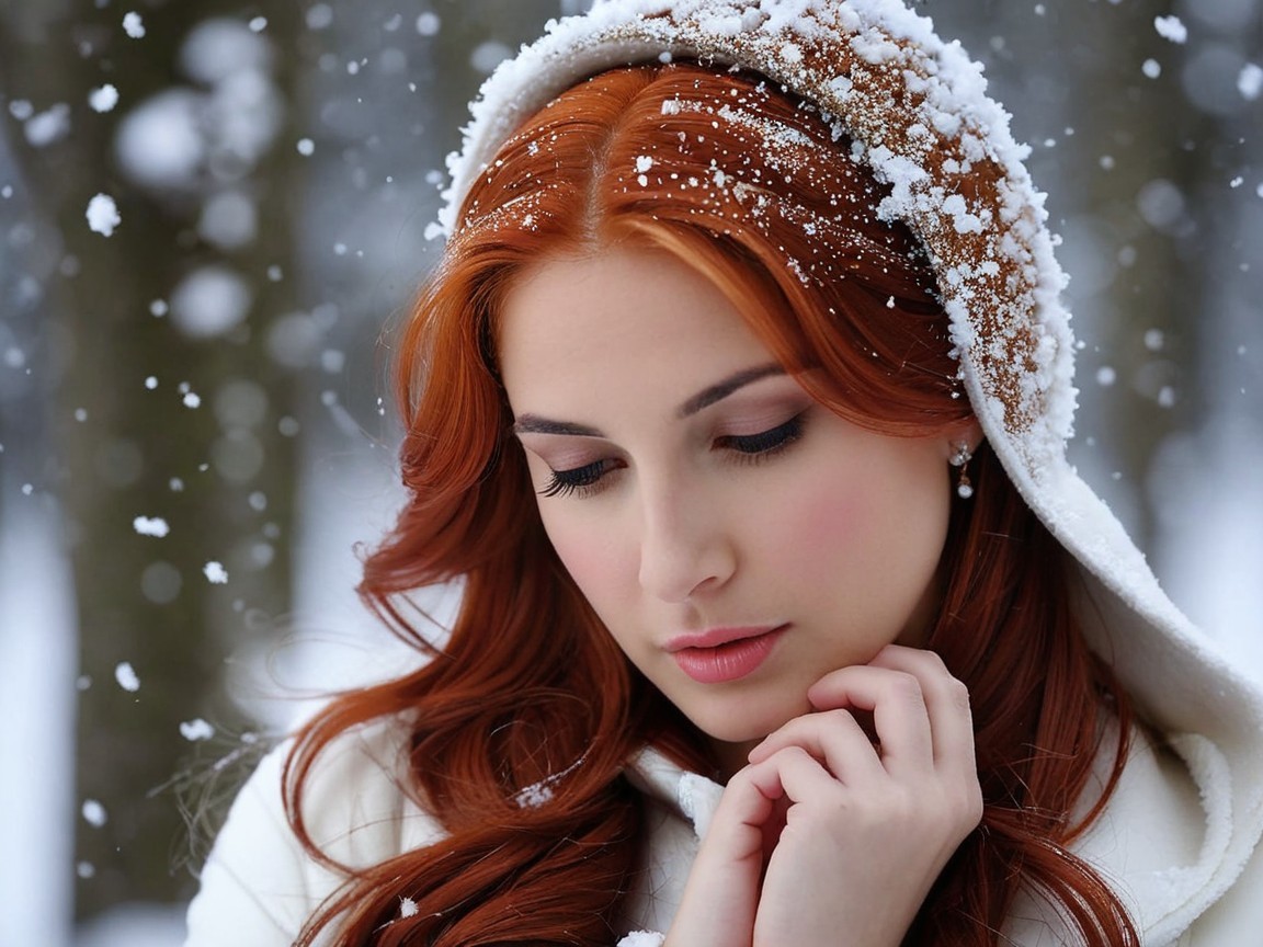 Close-Up of Young Woman in Snowy Hooded Coat