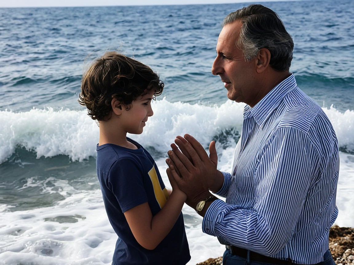 Heartfelt Moment Between a Boy and an Older Man by Ocean