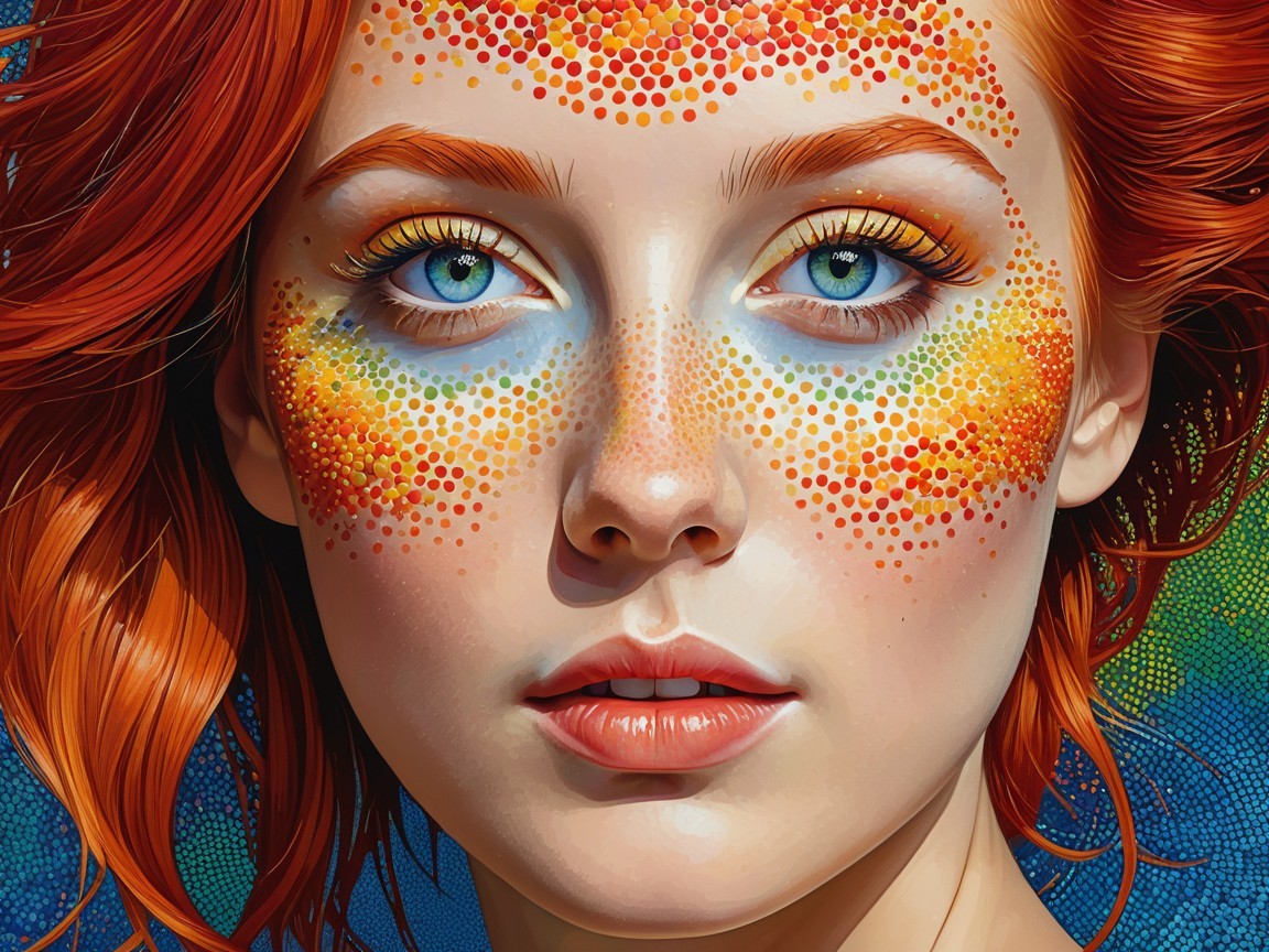 Portrait of a Young Woman with Red Hair and Colorful Dots