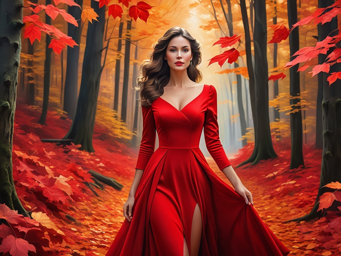 Woman in Red Dress in Autumn Forest Setting