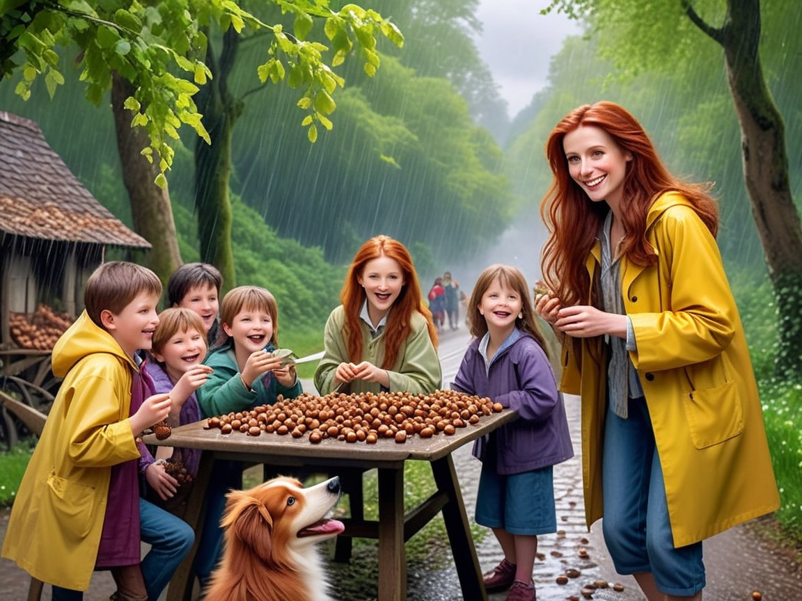 Joyful Group in Yellow Raincoat Enjoys Chestnuts Outdoors