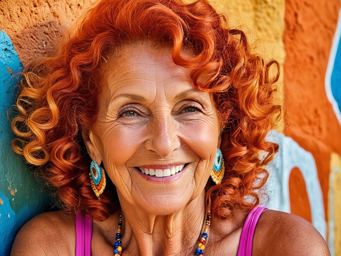 Elderly Woman with Vibrant Red Curls and Colorful Jewelry