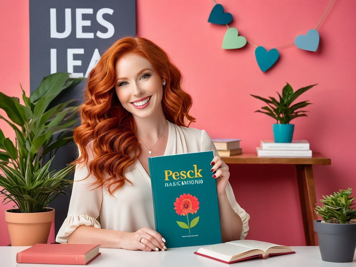 Cheerful woman with book in a colorful setting