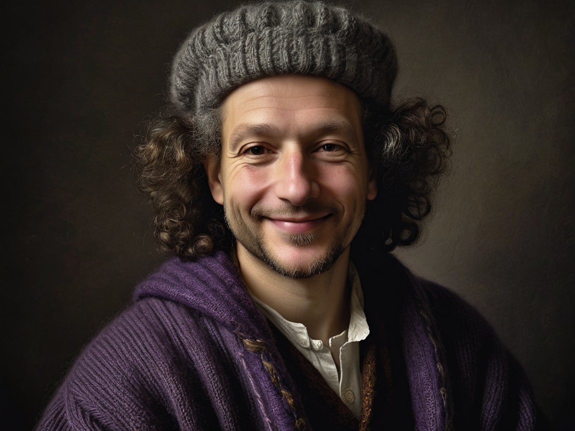 Smiling Man in Gray Beret and Purple Shawl Portrait