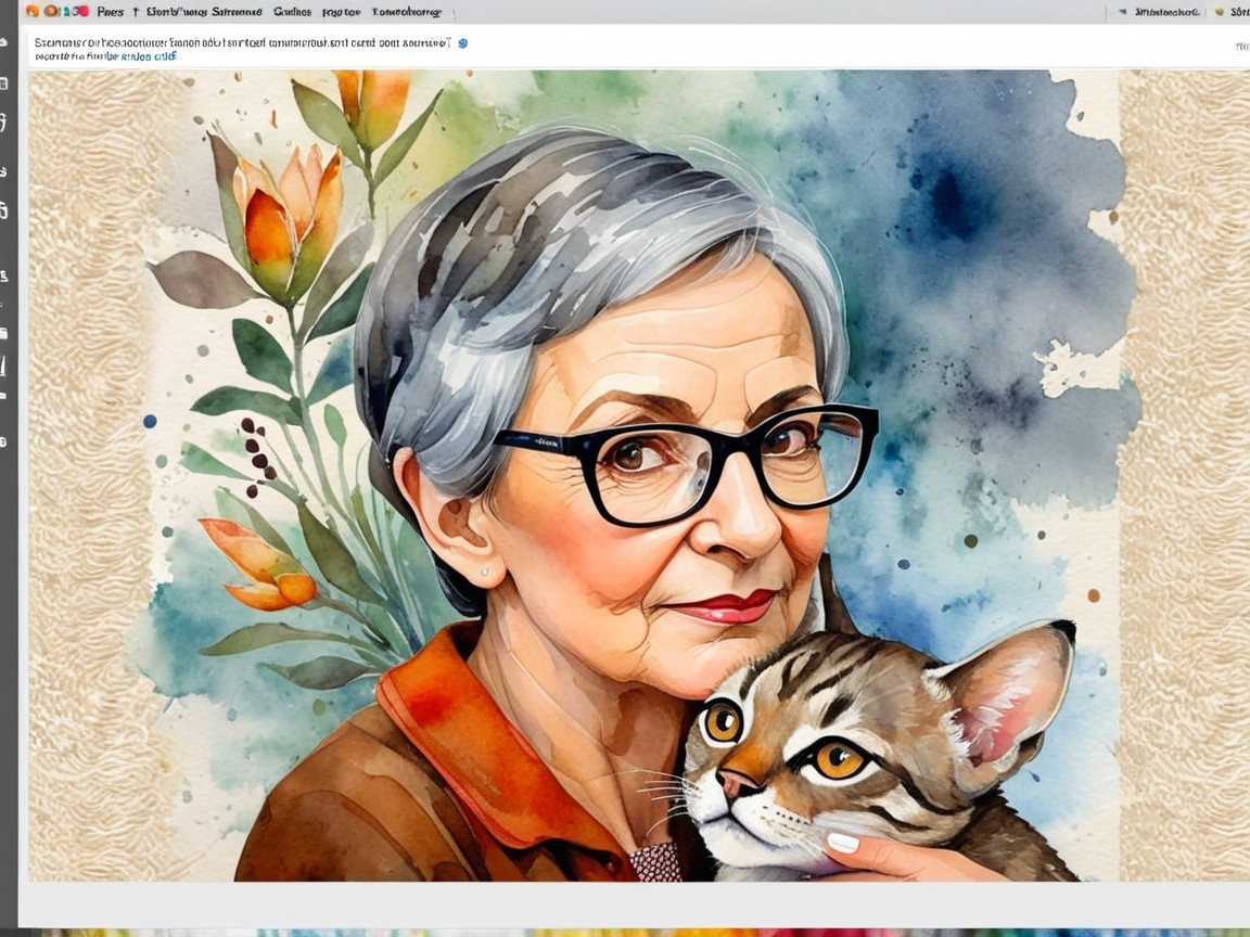Watercolor Portrait of an Older Woman with Cat