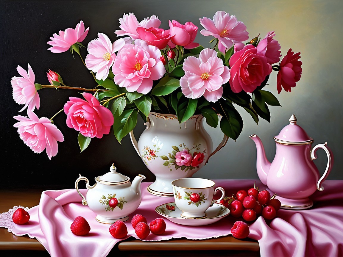 Vibrant Still Life with Flowers and Fresh Fruits