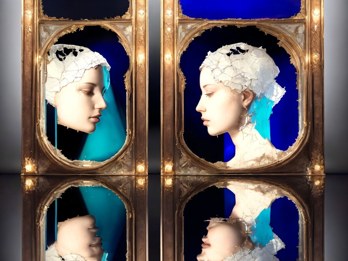 Elegant Mannequins in Ornate Mirrors with Cracked Surfaces