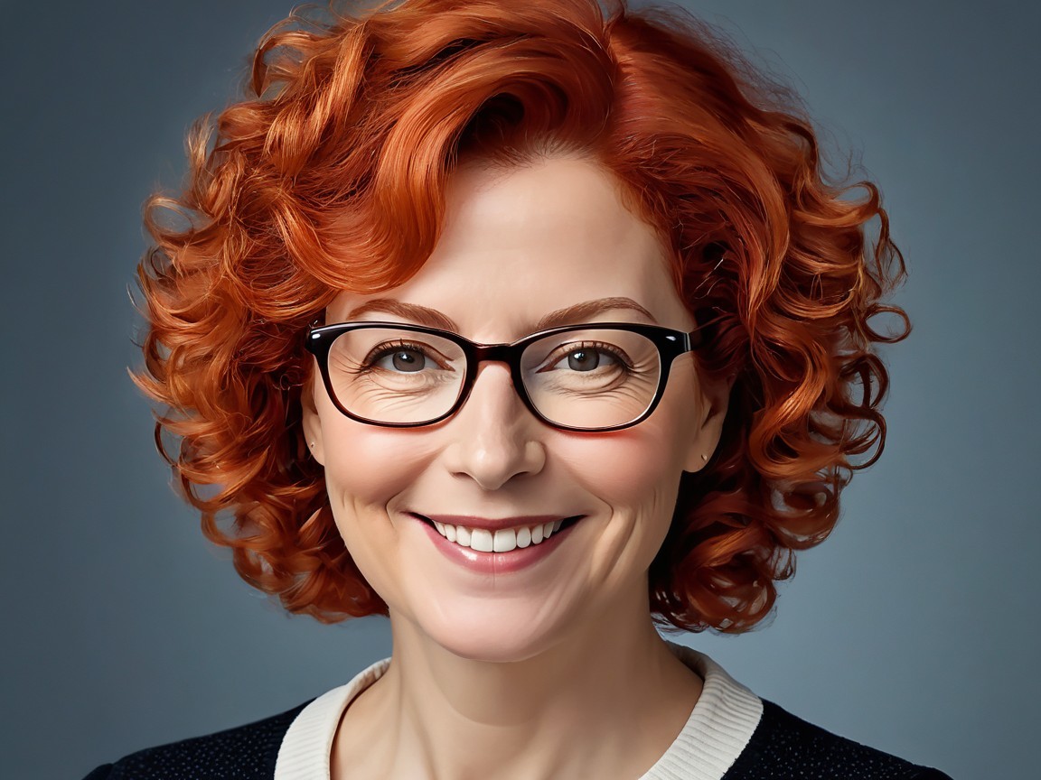 Woman with red curly hair in stylish glasses