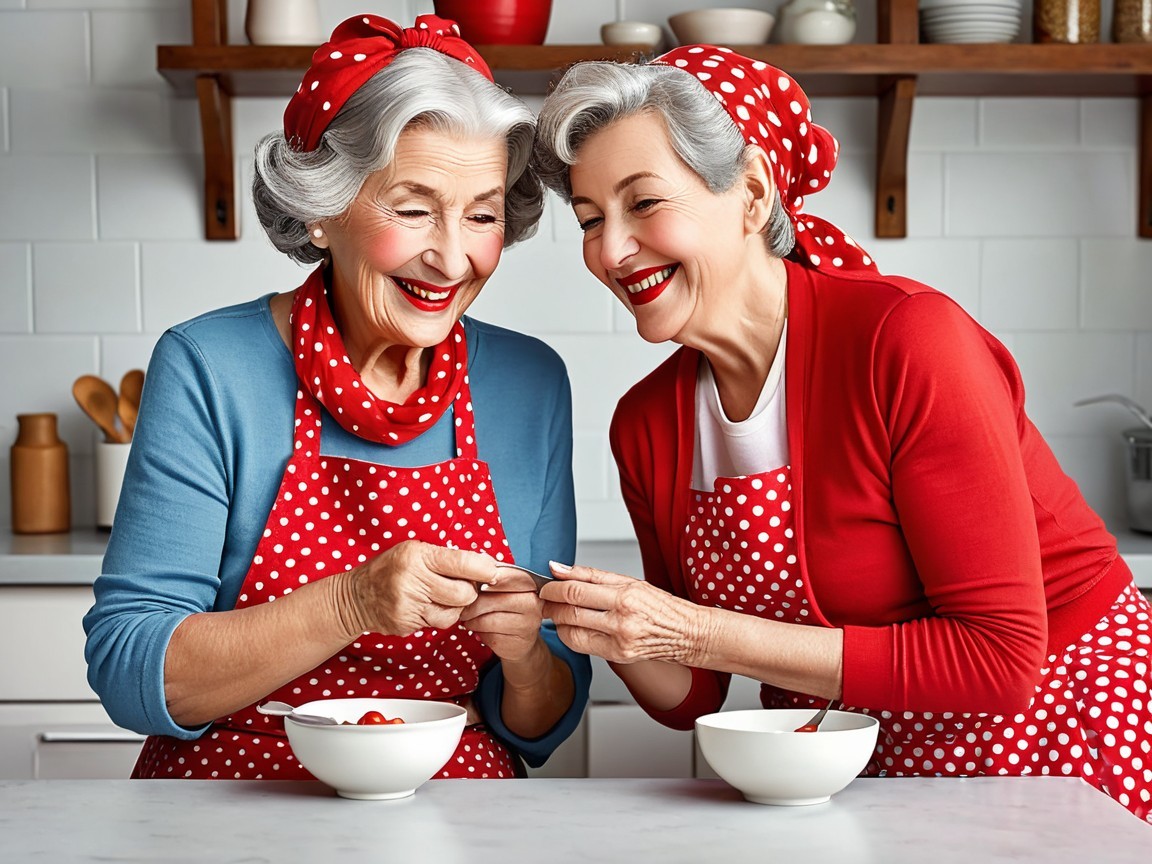Elderly Women in Polka Dot Aprons in Bright Kitchen