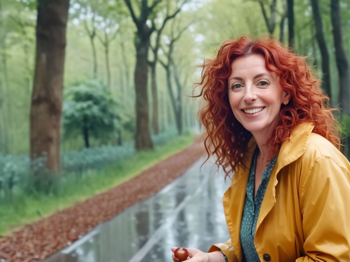 Woman with curly red hair in a green park setting