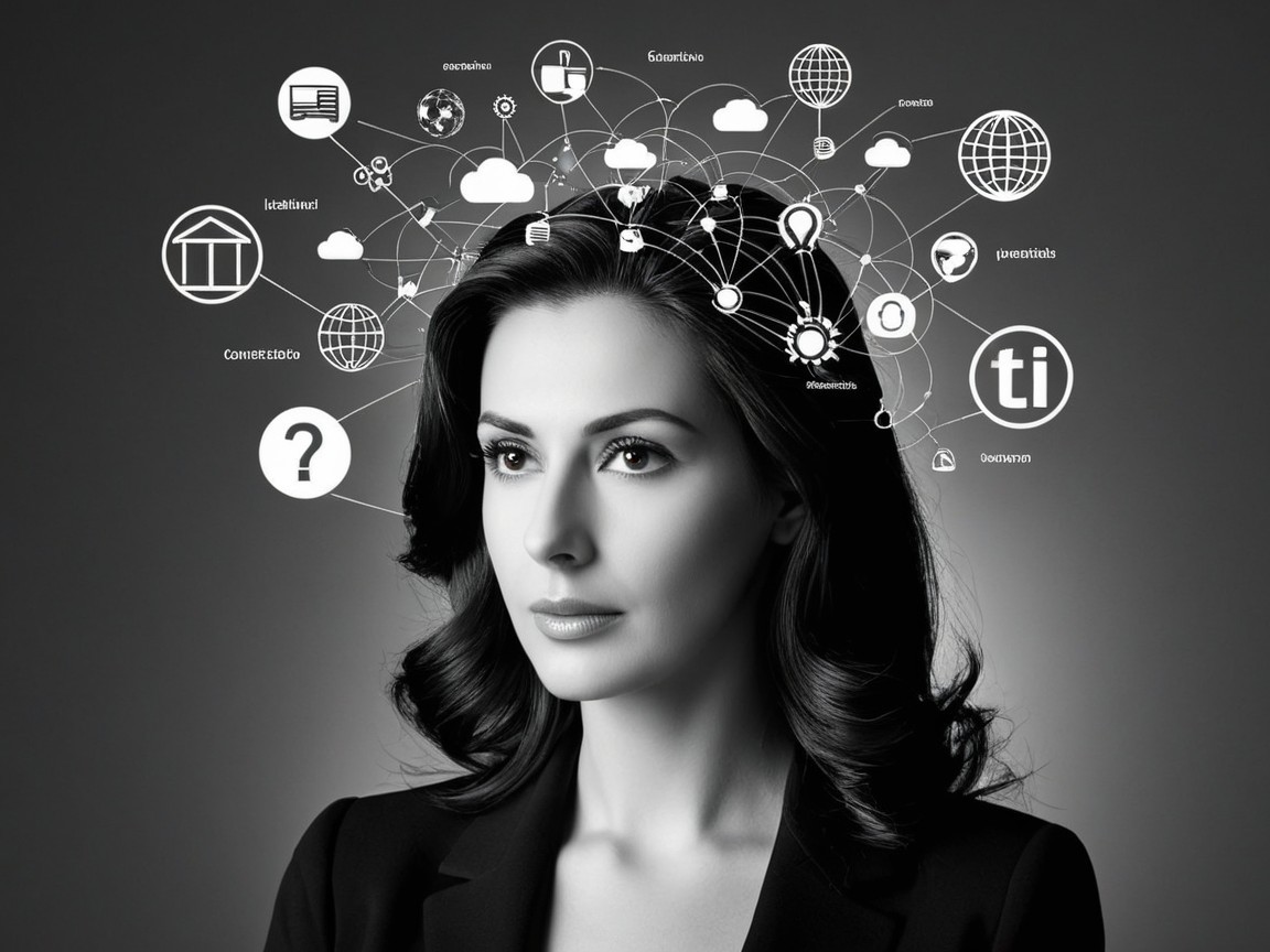 Contemplative Woman Surrounded by Symbolic Icons