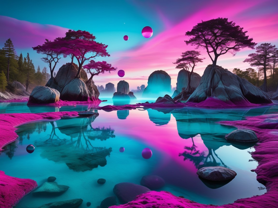 Surreal Landscape with Pink and Blue Hues and Orbs