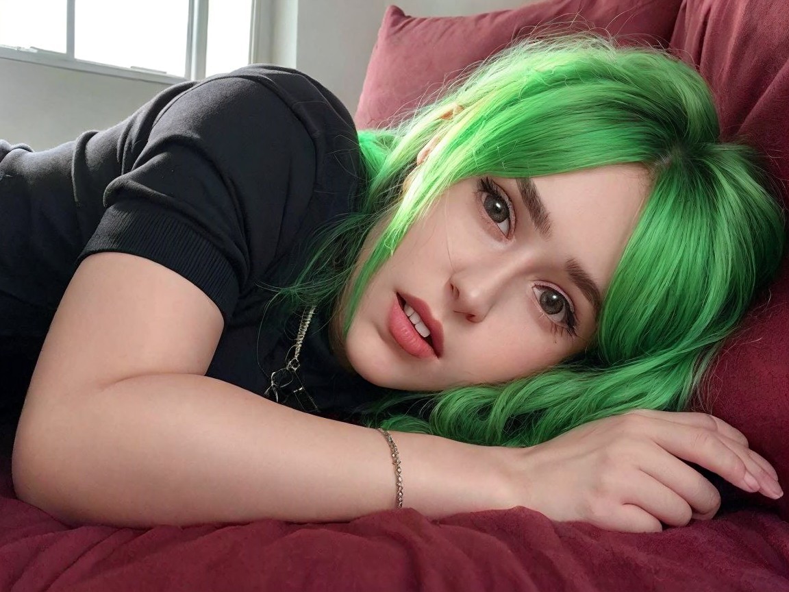 Vibrant Green Hair and Burgundy Couch Scene Description