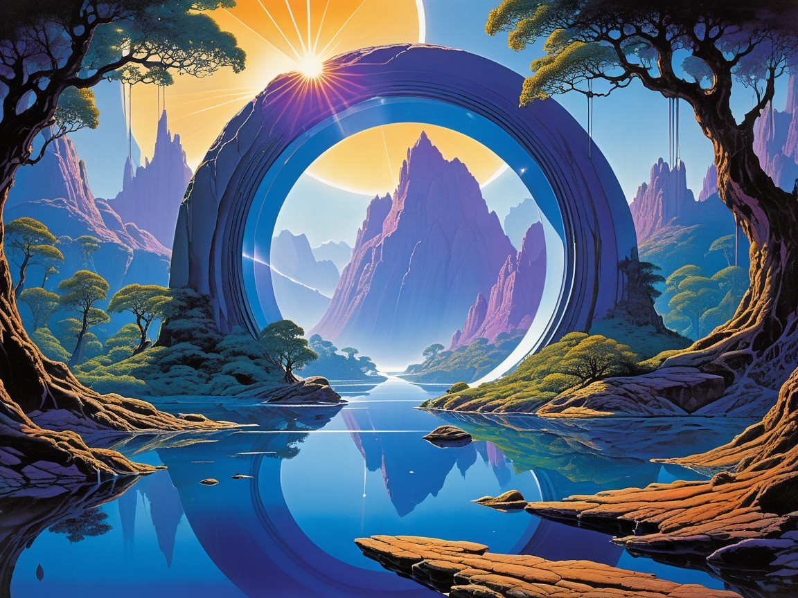 Surreal Landscape with Circular Portal and Mountains