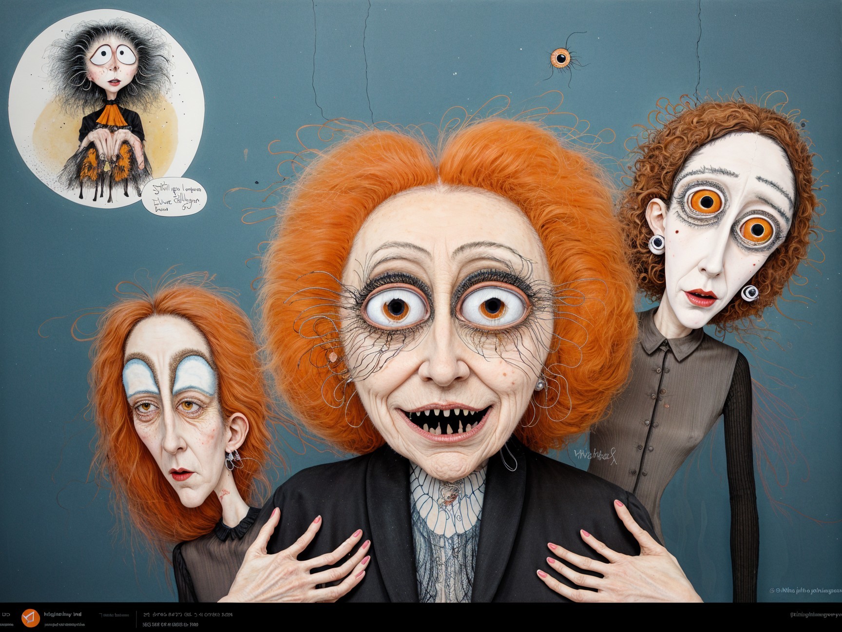 Stylized Characters with Unique Features and Ghostly Figure