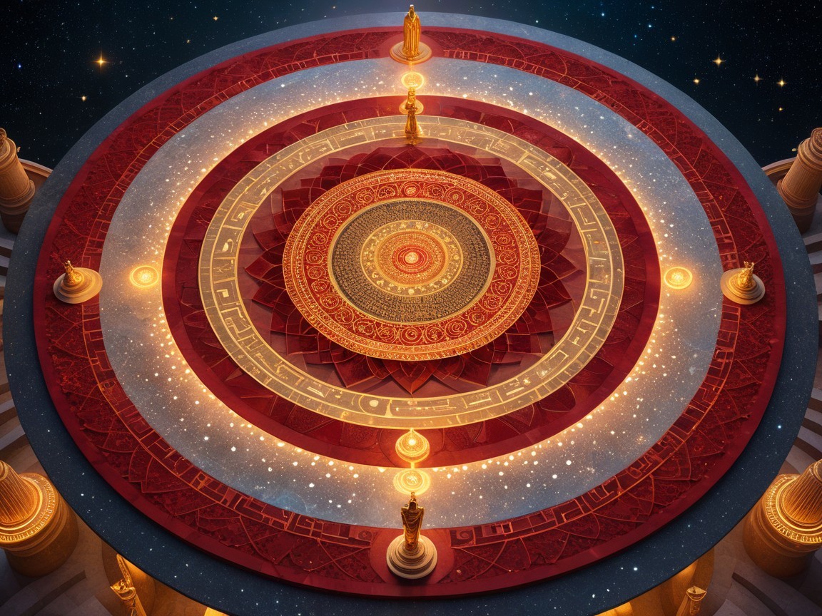 Circular geometric pattern with starry backdrop